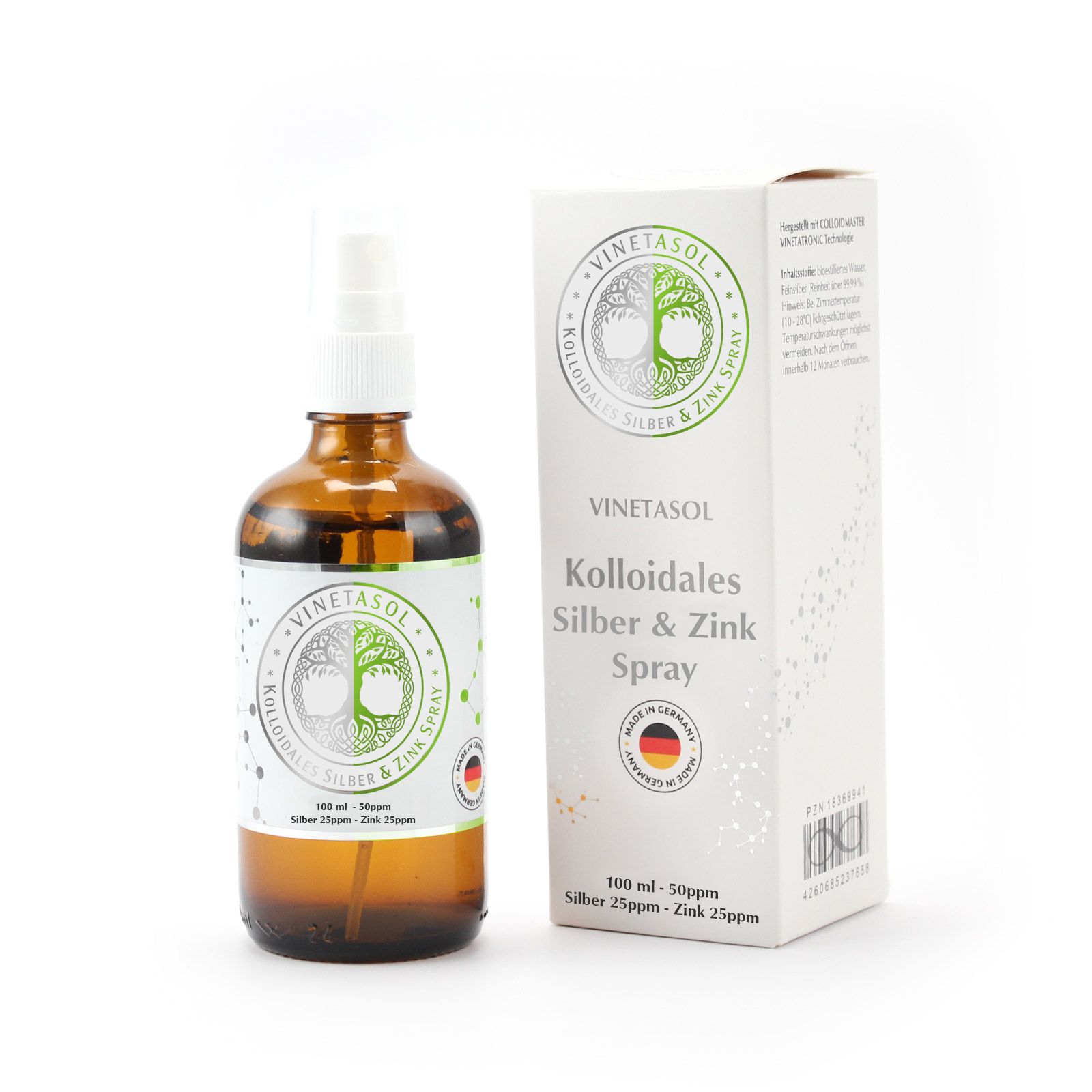 Braune Sprühflasche und Karton mit Produktinformationen. Aufschrift: VINETASOL Kolloidales Silber & Zink Spray.