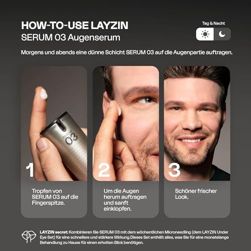Anwendung von Serum 03. Tropfen auf Finger, auftragen, frischer Look. Tag & Nacht-Symbol.