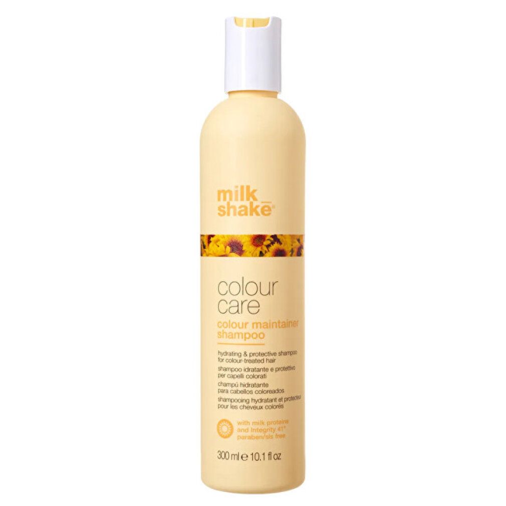 Gelbe Flasche mit weißem Verschluss. Aufschrift: milk_shake, colour care, colour maintainer shampoo. Text in mehreren Sprachen.