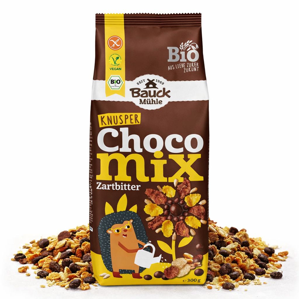 Bauckhof Knusper Choco Mix Zartbitter, glutenfreies Müsli in brauner Verpackung mit Igel-Illustration.