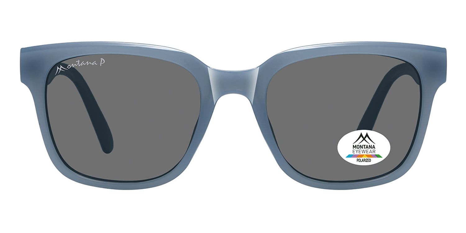 Blaue Sonnenbrille mit grauen Gläsern. Montana Eyewear Logo auf dem Bügel und Glas. Polarisiert.