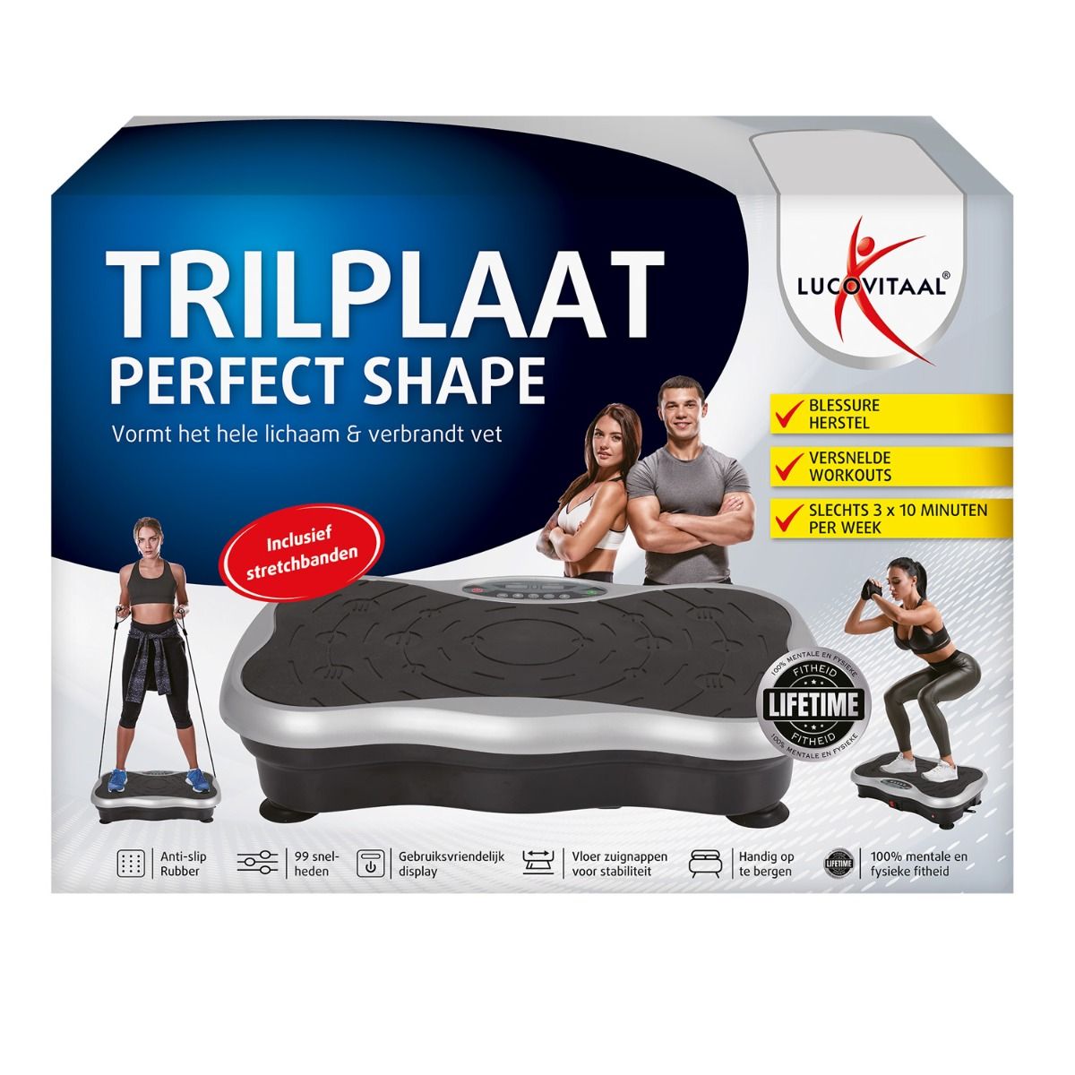 Verpakking van de trilplaat Perfect Shape. Bevat de trilplaat, afbeeldingen van gebruikers en tekst. Merk Lucovitaal.