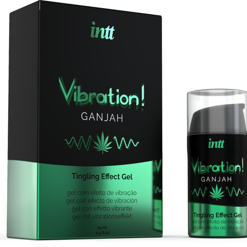 Schwarze Schachtel und Flasche. Text: INTT, Vibration!, Ganjah, Tingling Effect Gel. Flasche mit transparentem Deckel.