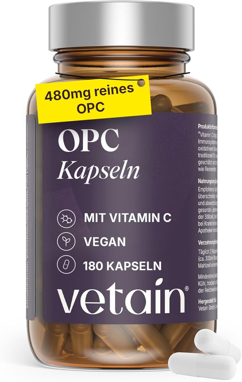 Vetain OPC Kapseln Flasche mit 180 Kapseln, vegan, mit Vitamin C. Gelber Aufkleber: 480mg reines OPC.