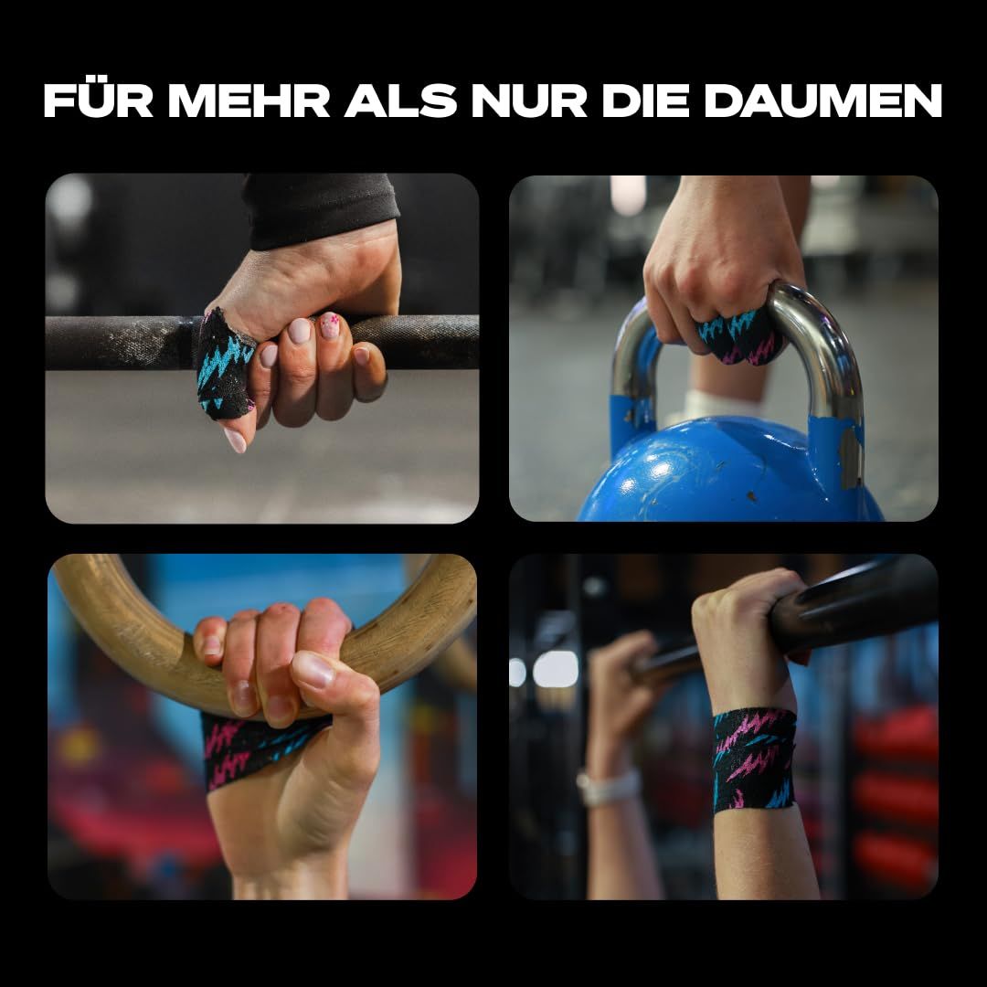 Vier Hände nutzen pink-blau gemustertes Tape für verschiedene Griffe: Langhantel, Kettlebell, Ringe, Klimmzugstange.
