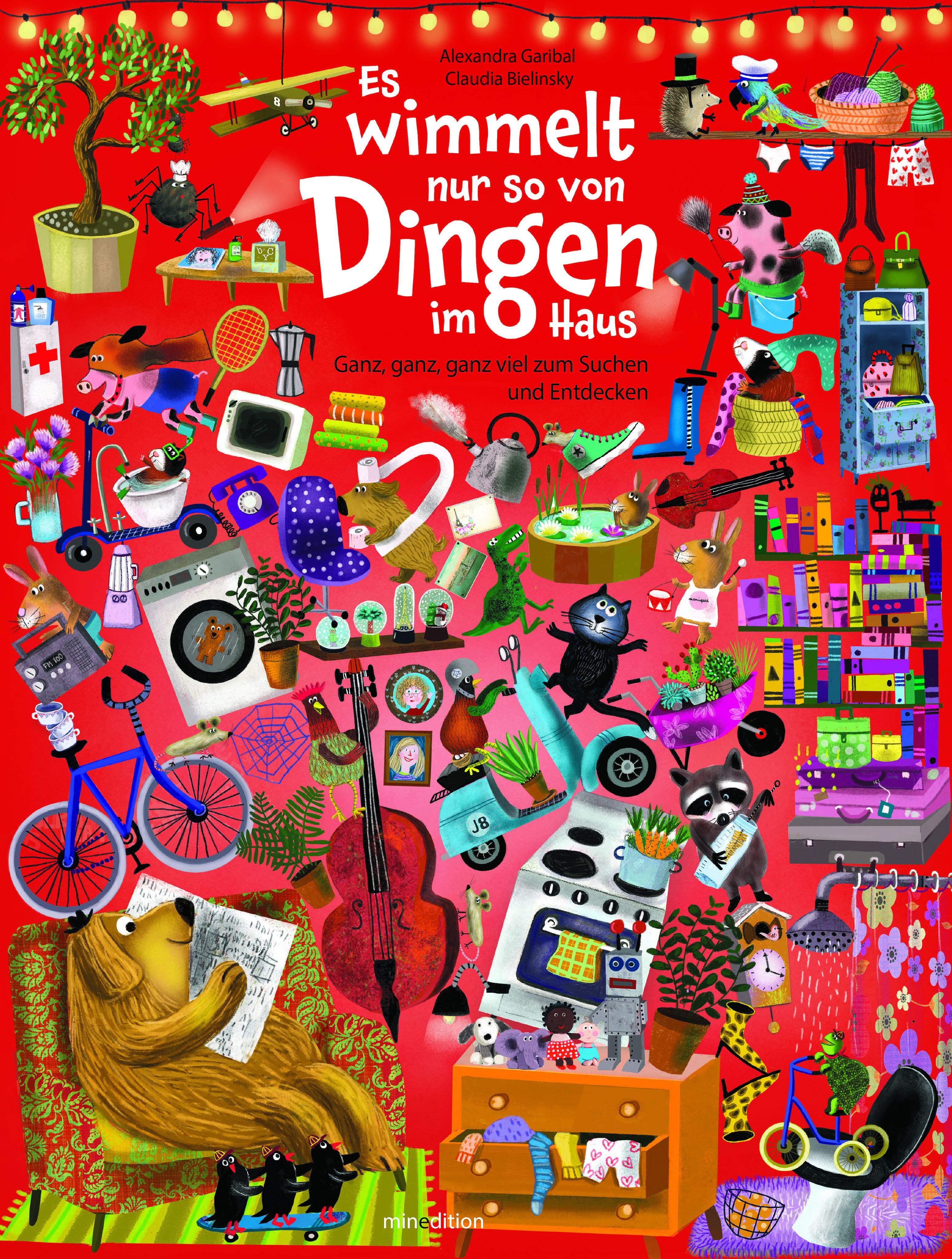 Buchcover mit Titel: Es wimmelt nur so von Dingen im Haus. Illustrationen von Gegenständen und Tieren auf rotem Hintergrund.
