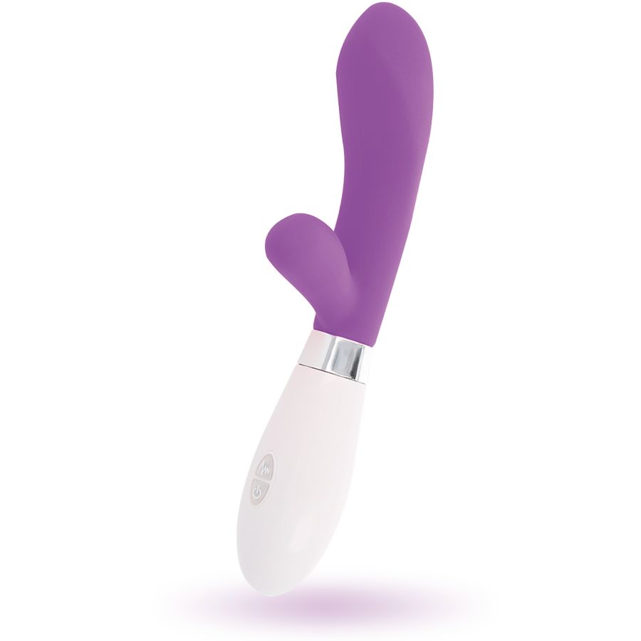 Lila-weißer Vibrator mit gebogener Form. Silberfarbener Ring zwischen den Teilen. Zwei Knöpfe am weißen Teil.