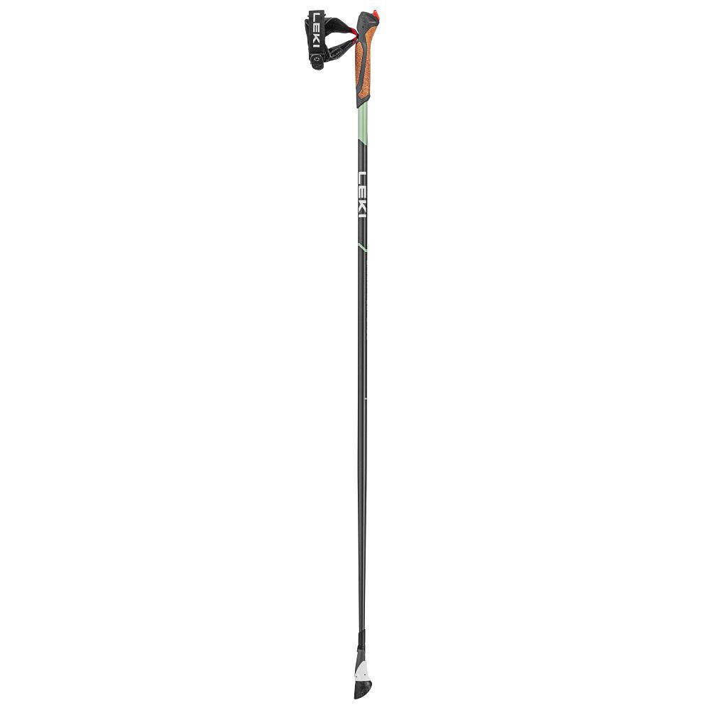 Nordic-Walking-Stock mit Griff, Handschlaufe und Spitze. Schwarzer Schaft mit grünen und braunen Akzenten. LEKI-Logo.