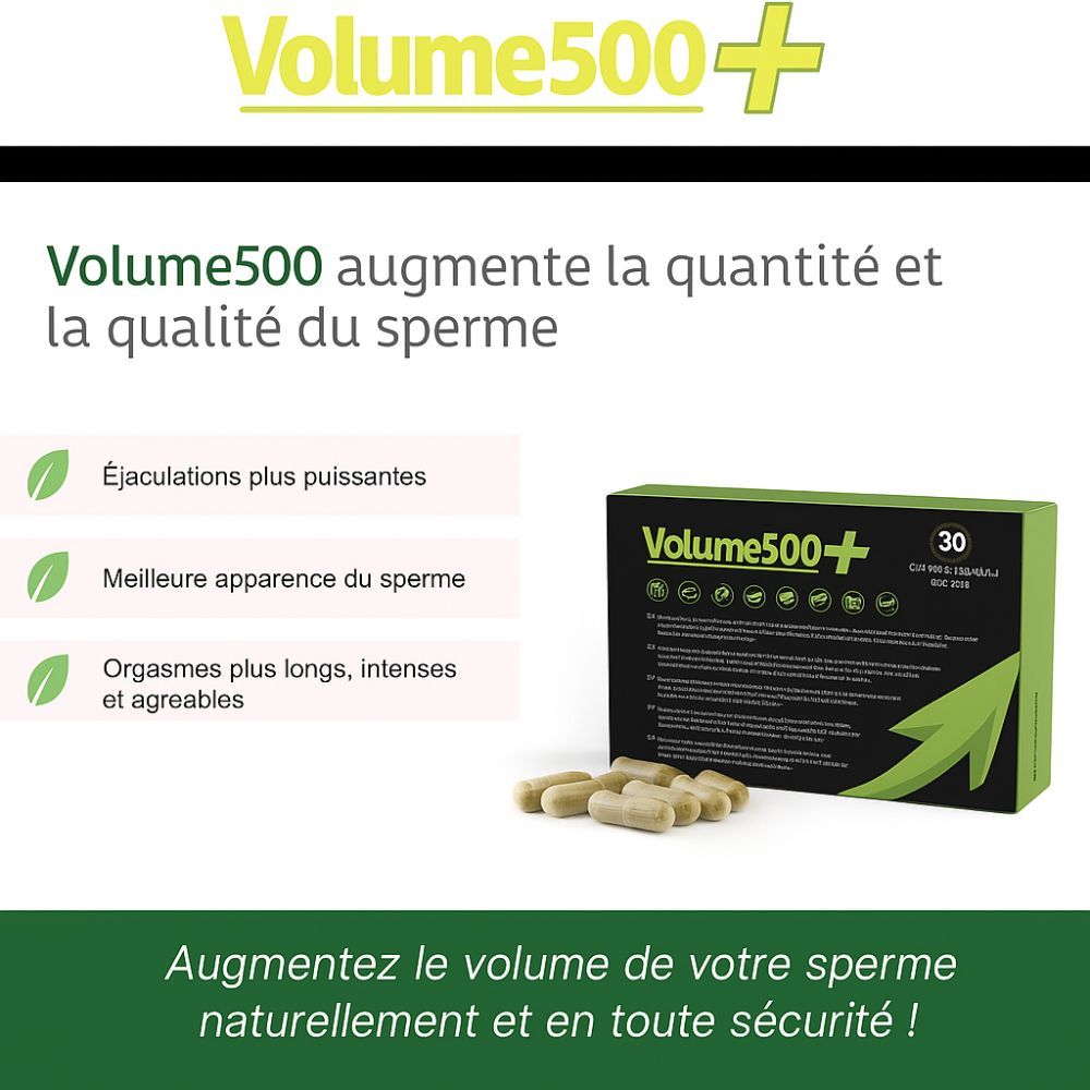 Boîte "Volume500+" avec gélules. Texte: "Volume500 augmente la quantité et la qualité du sperme".