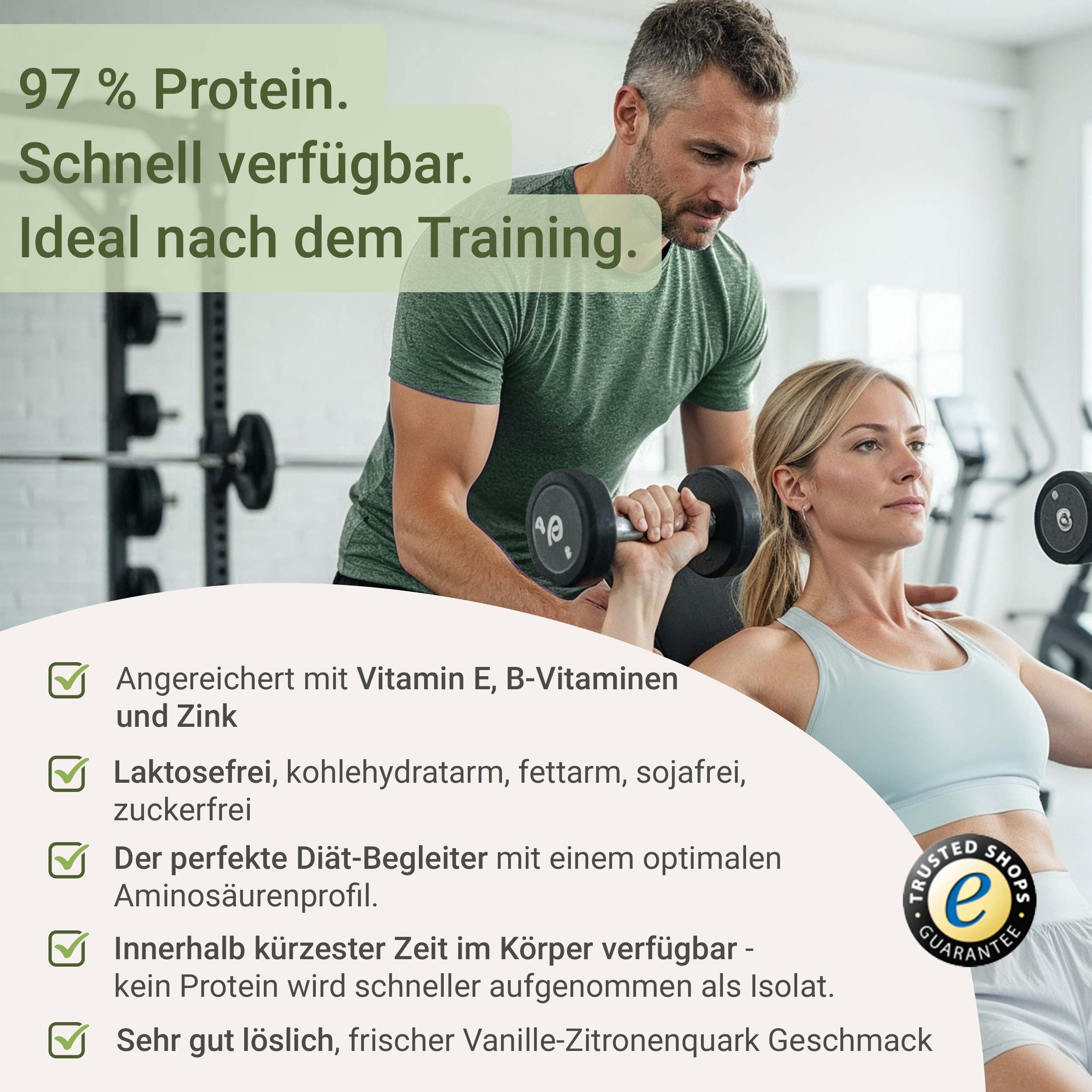 Mann und Frau im Fitnessstudio. Whey Protein Isolate. Angereichert mit Vitamin E, B-Vitaminen und Zink. Laktosefrei, zuckerfrei.