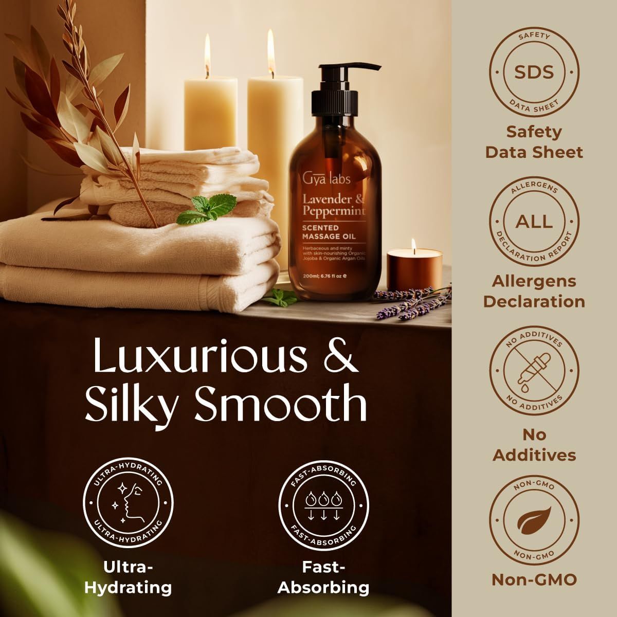 Flasche mit Kerzen und Handtüchern. Text: Luxuriös & seidig glatt. Ultra-hydratisierend, schnell absorbierend. Sicherheitsdatenblatt, Allergieerklärung, keine Zusätze, nicht-GVO.