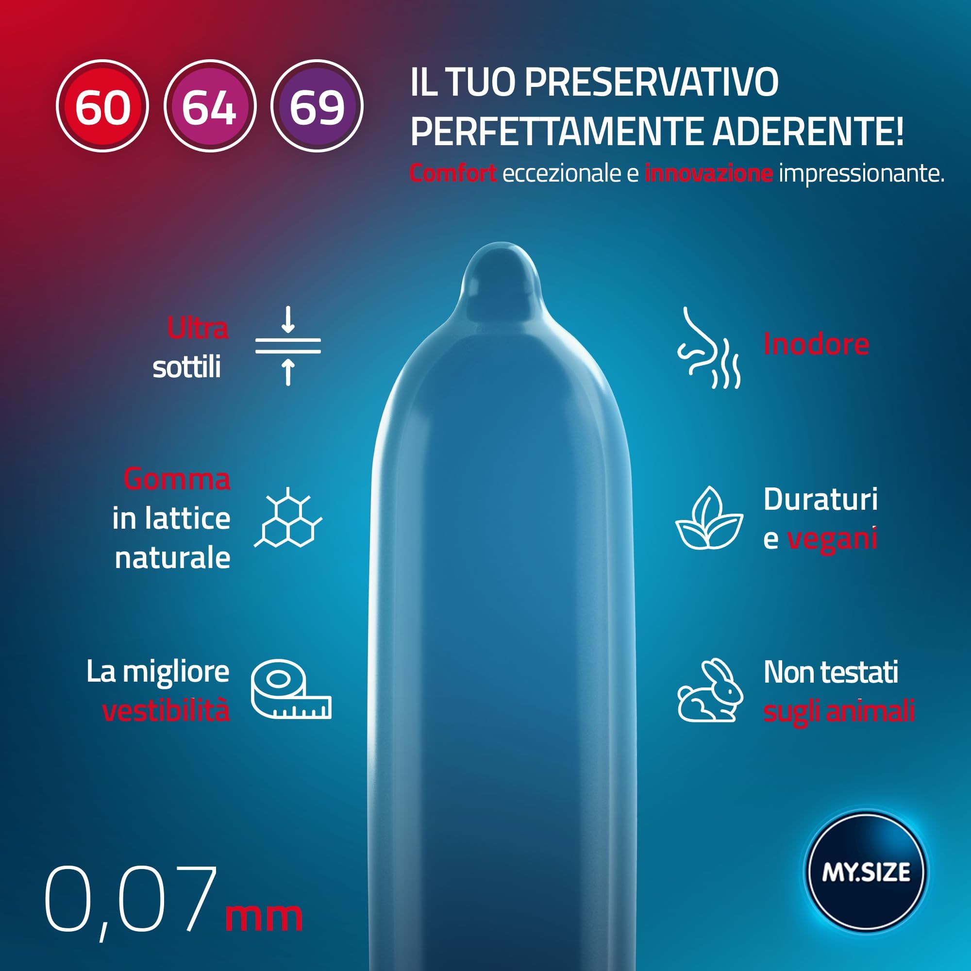 Blaues Kondom mit Icons: dünn, Latex, gute Passform, geruchlos, langlebig, vegan, tierversuchsfrei.