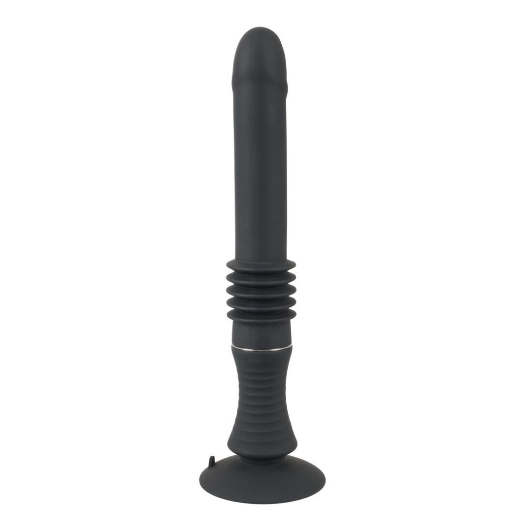 Schwarzer Vibrator mit abgerundeter Spitze, geriffelter Mitte und Saugfuß. Silberfarbene Akzente.