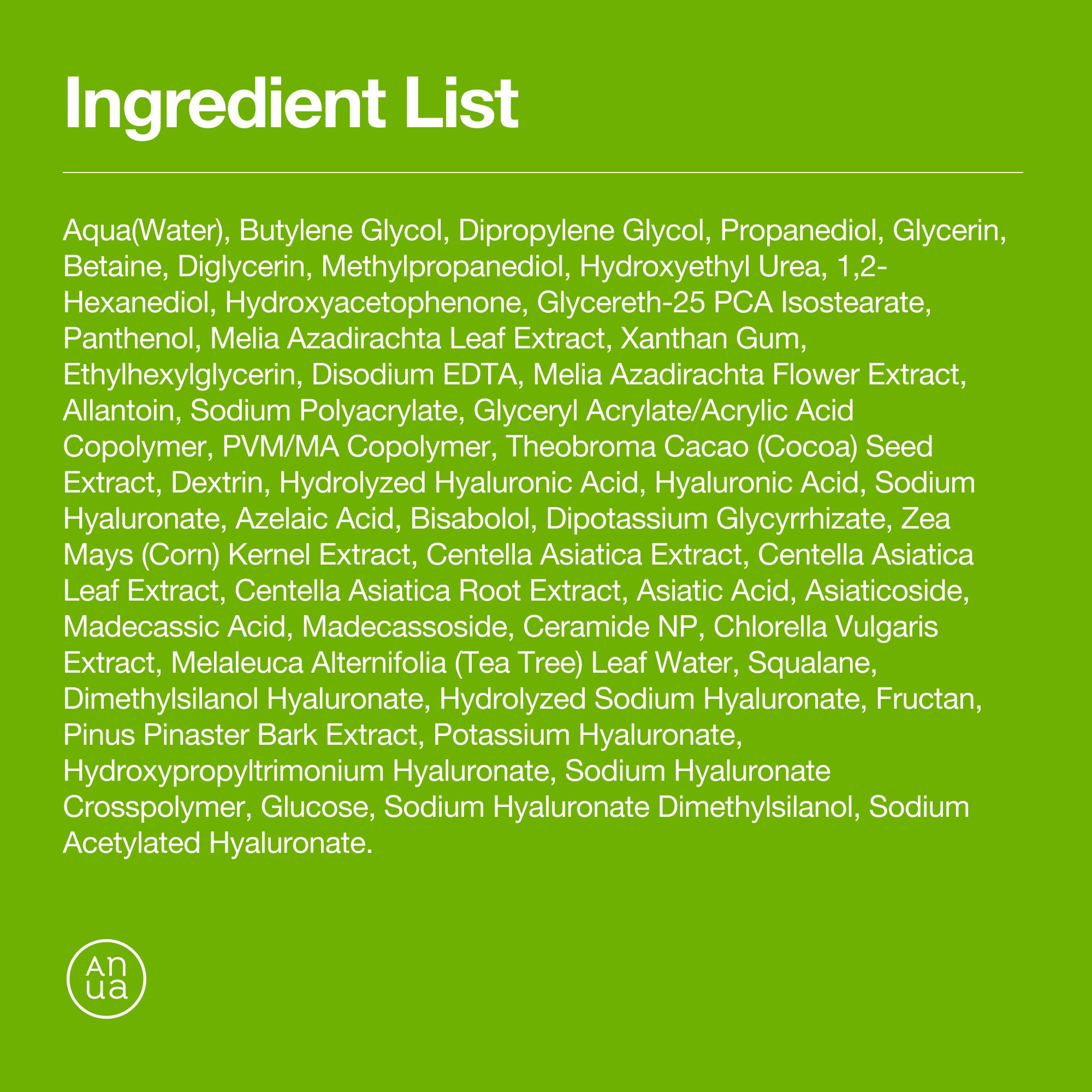 Liste der Inhaltsstoffe für Anua Azelaic Acid 10 Hyaluron Serum Pads.