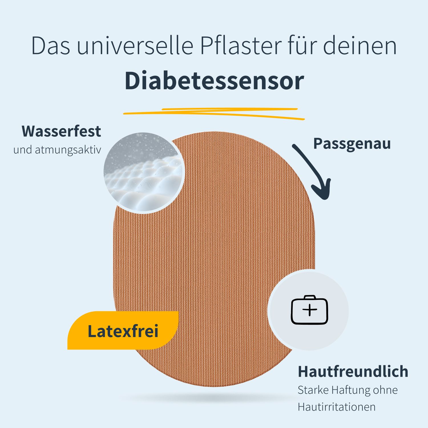 Beige Pflaster für Diabetessensor. Wasserfest, atmungsaktiv, latexfrei, passgenau und hautfreundlich. Starke Haftung ohne Hautreizungen.