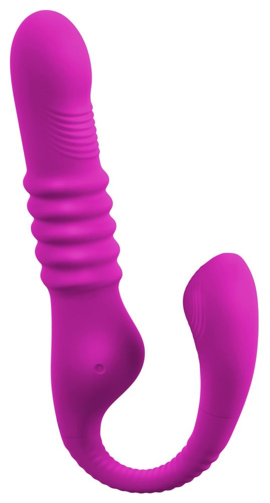 Lila Vibrator mit Klitoris-Stimulationsarm. Geriffelte Oberfläche am Schaft, gebogene Form.