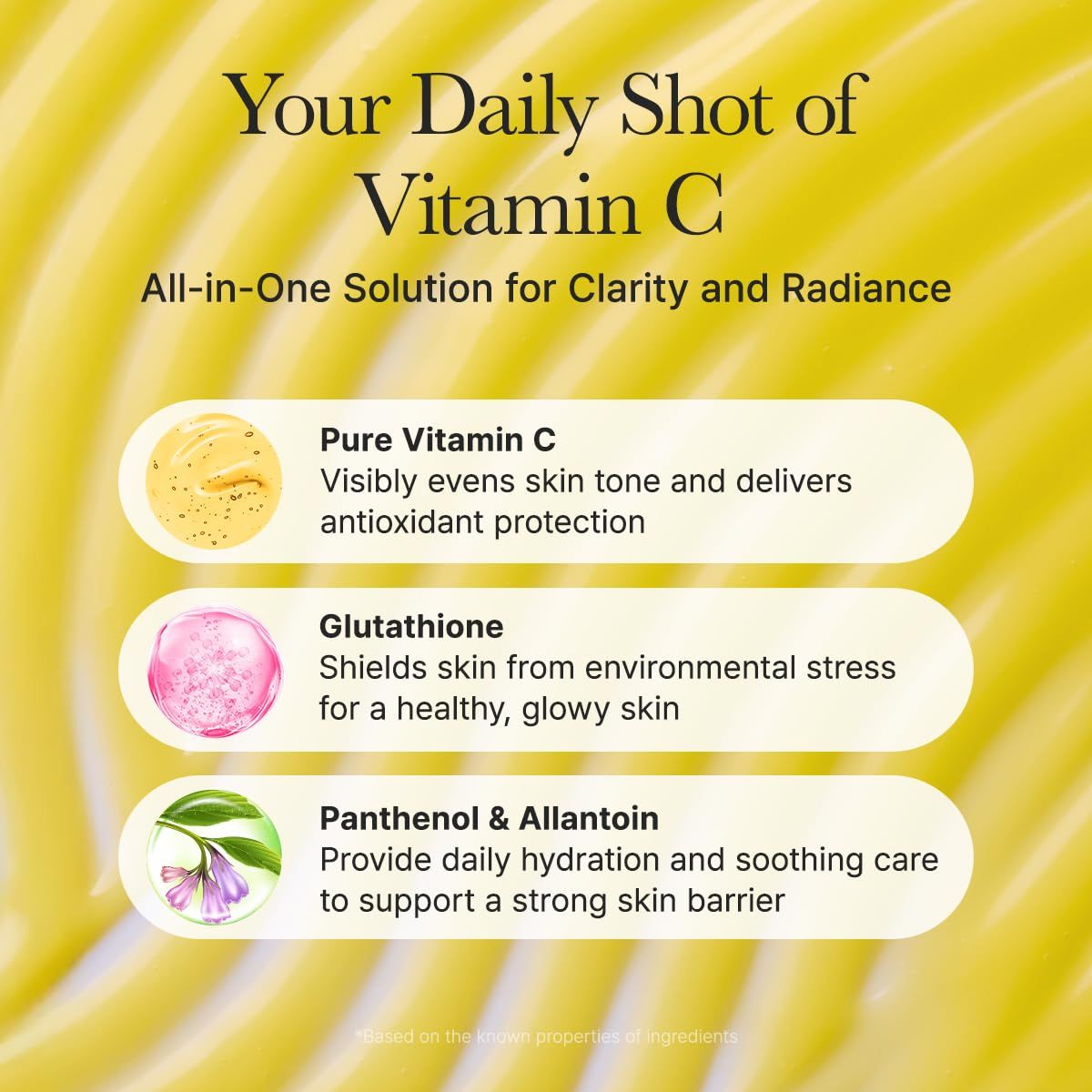 Grafik mit Vitamin C, Glutathion und Panthenol & Allantoin für die Haut.