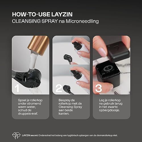 Drie afbeeldingen tonen gebruiksstappen. Tekst: HOW-TO-USE LAYZIN CLEANSING SPRAY. Roller reinigen en opbergen.