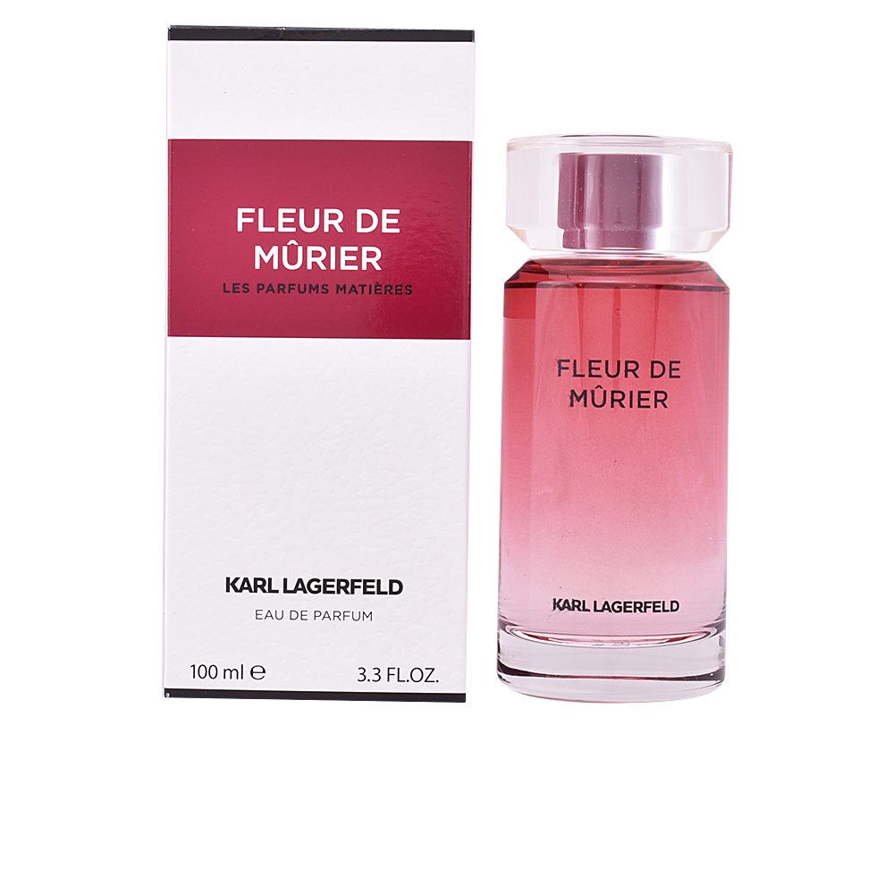 Fleur de Mûrier Eau de Parfum Flakon und Verpackung. Weißer Karton mit rotem Streifen. Aufschrift: KARL LAGERFELD.