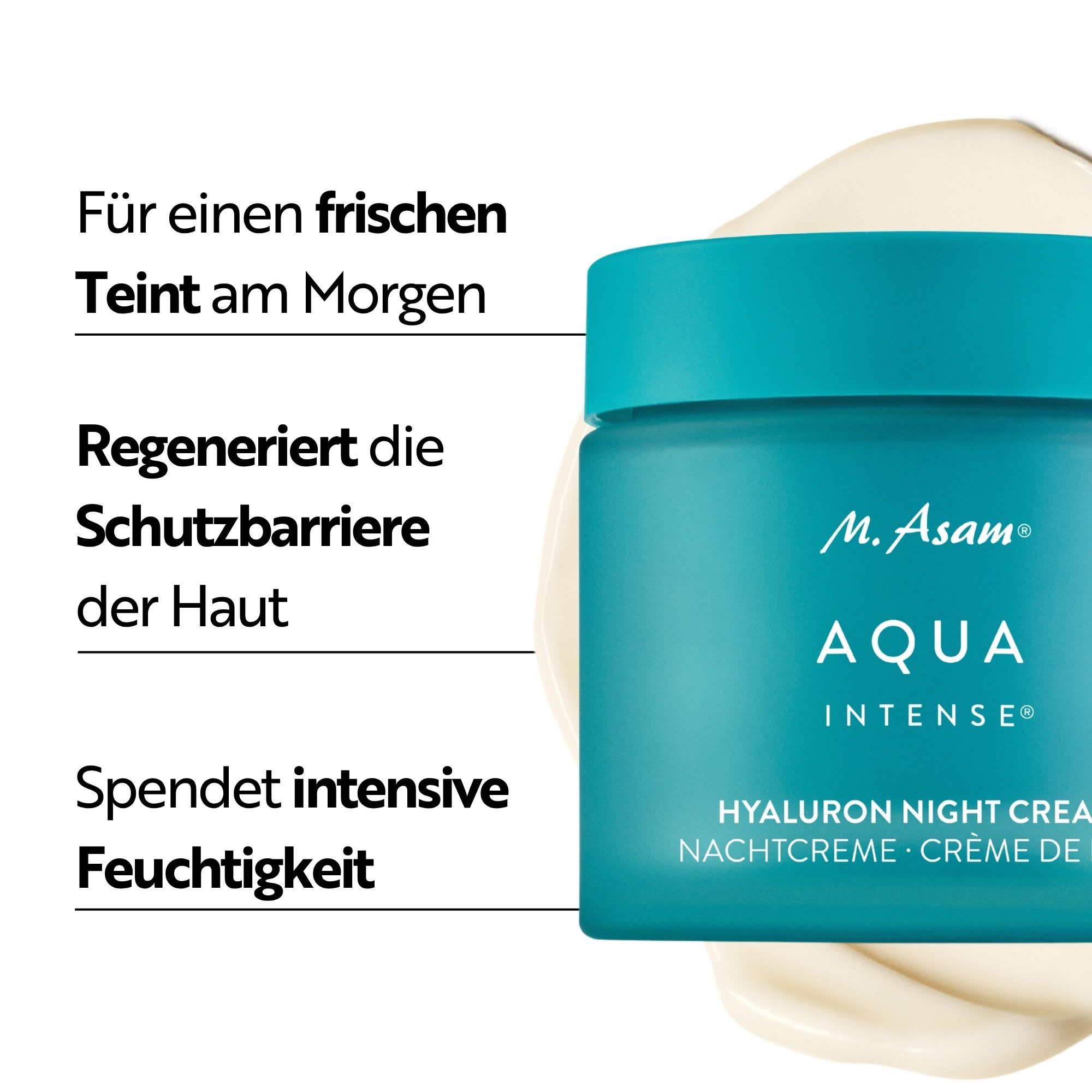 Blauer Tiegel der M. Asam Aqua Intense Hyaluron Nachtcreme mit Text über Hautregeneration und Feuchtigkeit.