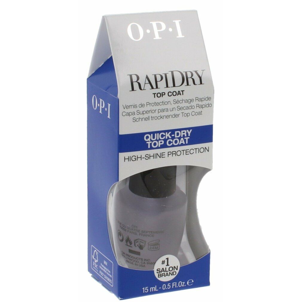 OPI Rapidry Top Coat in Verpackung. Blaue Verpackung mit Produktabbildung. Aufschrift: Rapidry, OPI, Quick-Dry Top Coat, 15 ml - 0.5 Fl Oz.
