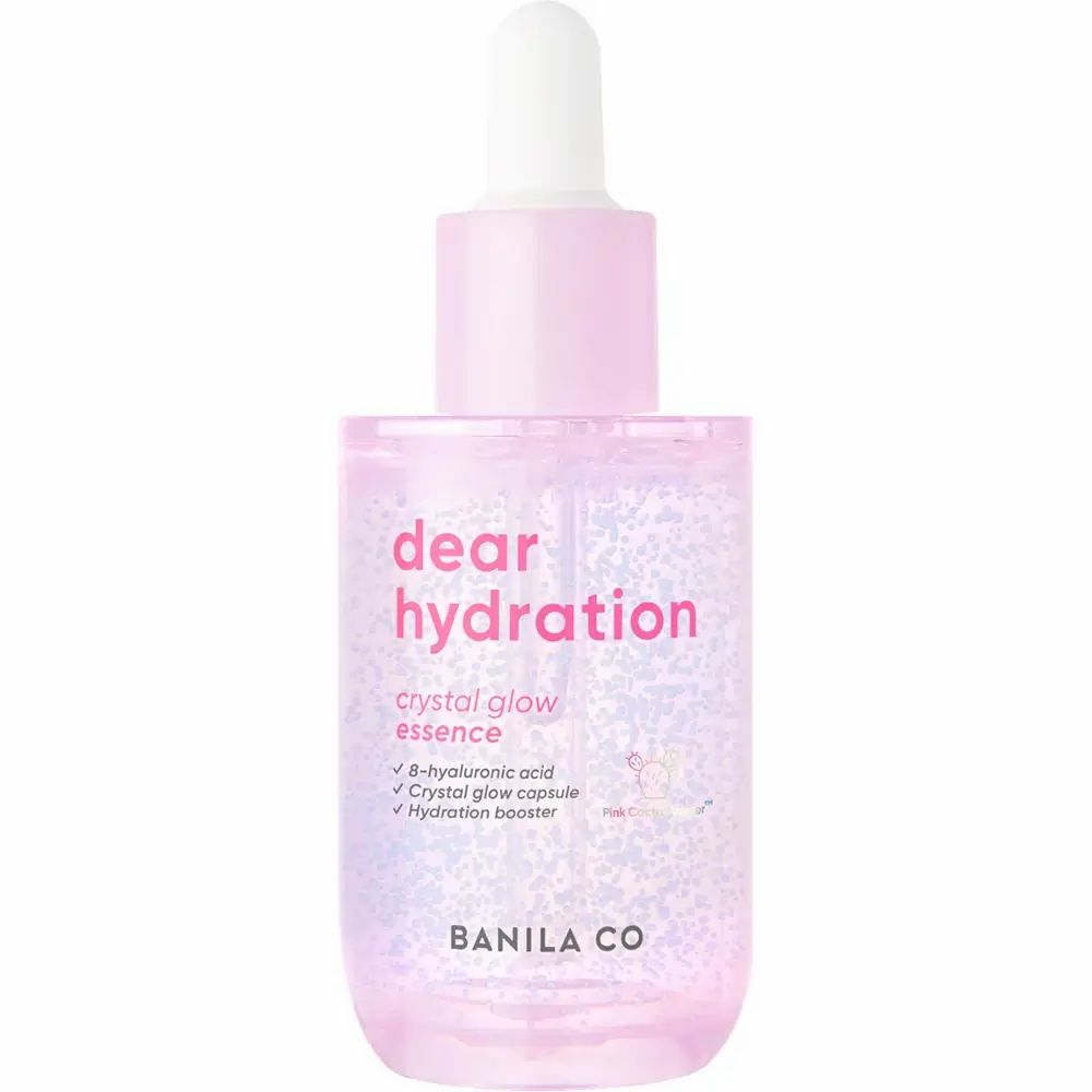 Rosa Serumflasche mit weißem Deckel und Pipette. Aufschrift: dear hydration, crystal glow essence. Marke: BANILA CO.