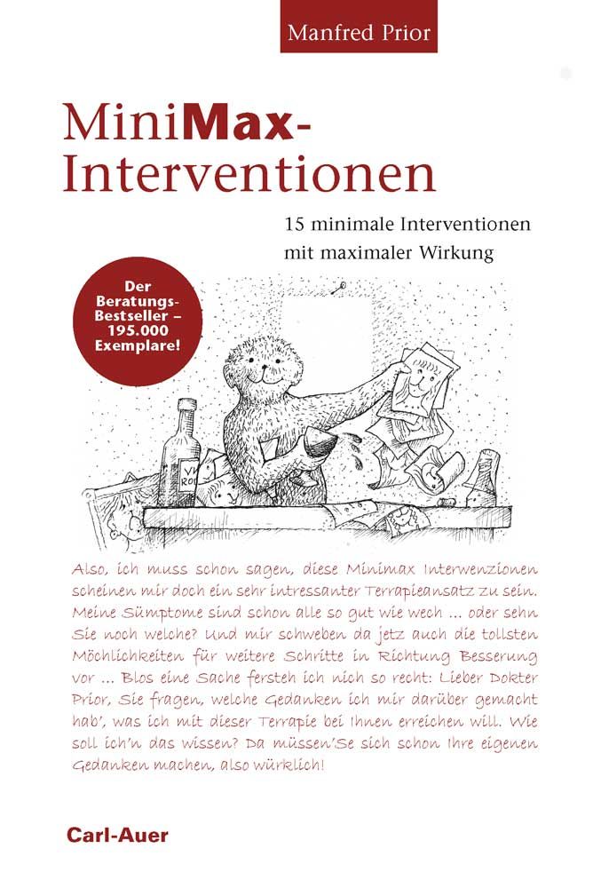 Buchcover von "MiniMax-Interventionen". Titel und Autor sichtbar. Illustration mit Figur, Wein, und Papier. Bestseller-Auszeichnung.