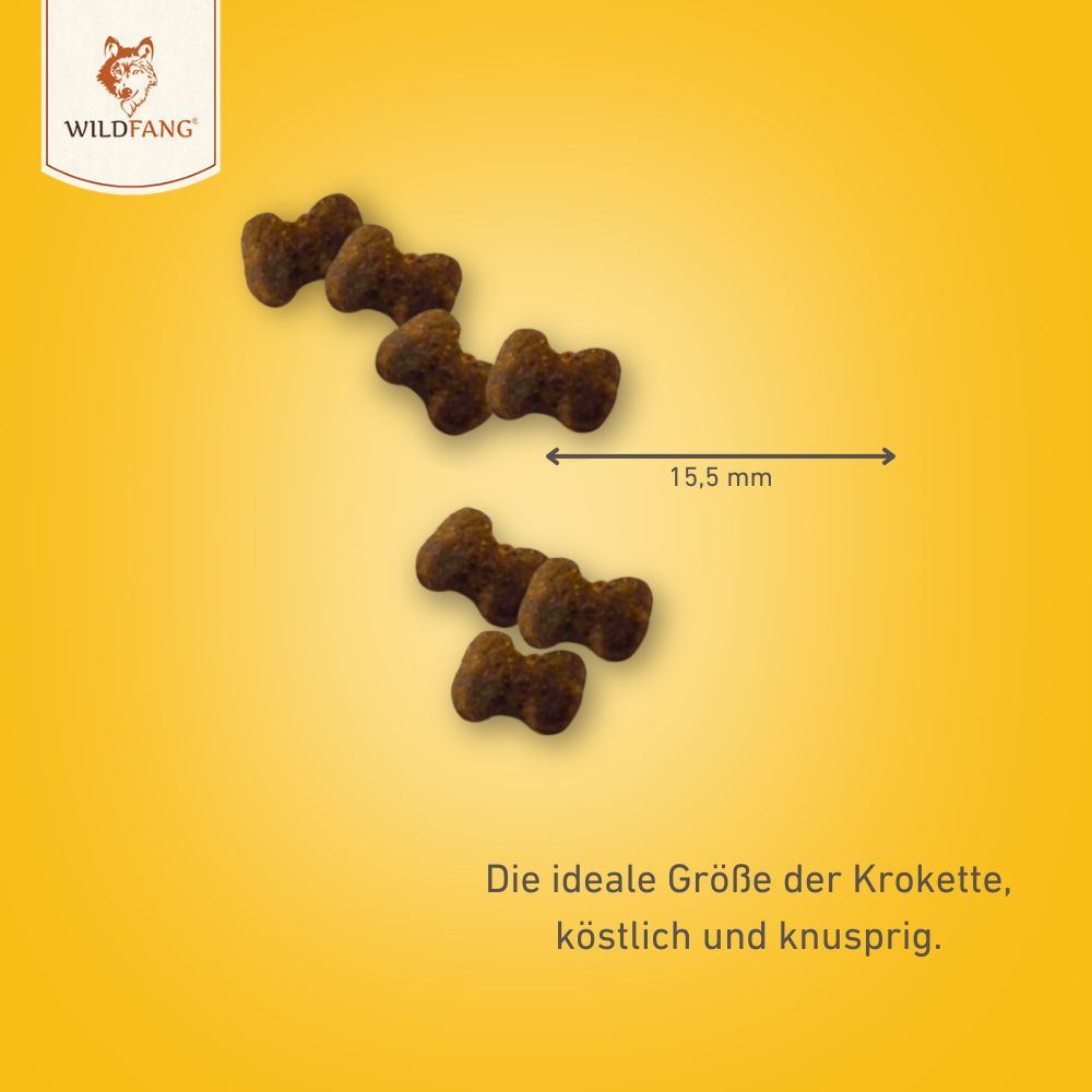 Sechs knochenförmige Snacks, 15,5 mm groß. Text: Die ideale Größe der Kroketten, köstlich und knusprig. WILDFANG Logo.