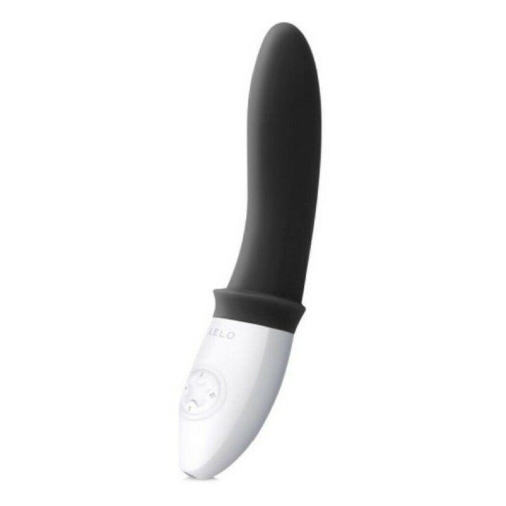 Schwarz-weißer Prostatamassager. Gebogene Form, abgerundete Spitze. Marke LELO.