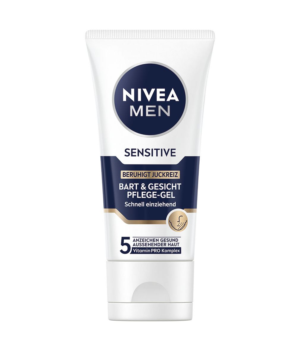 NIVEA MEN Bart & Gesichtspflege Gel Sensitive Tube. Weiße Tube mit blauem Etikett und Produktinformationen.