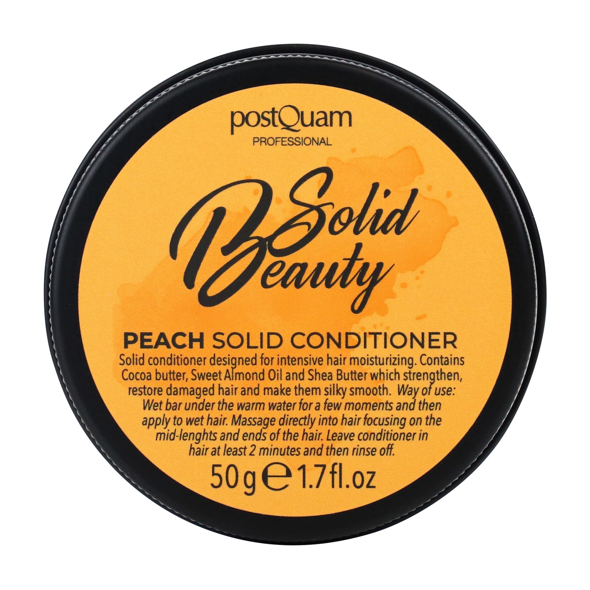 Dose mit gelbem Festspülung. Deckel mit Aufschrift "Solid Beauty" und Produktinformationen. Schwarzer Rand.