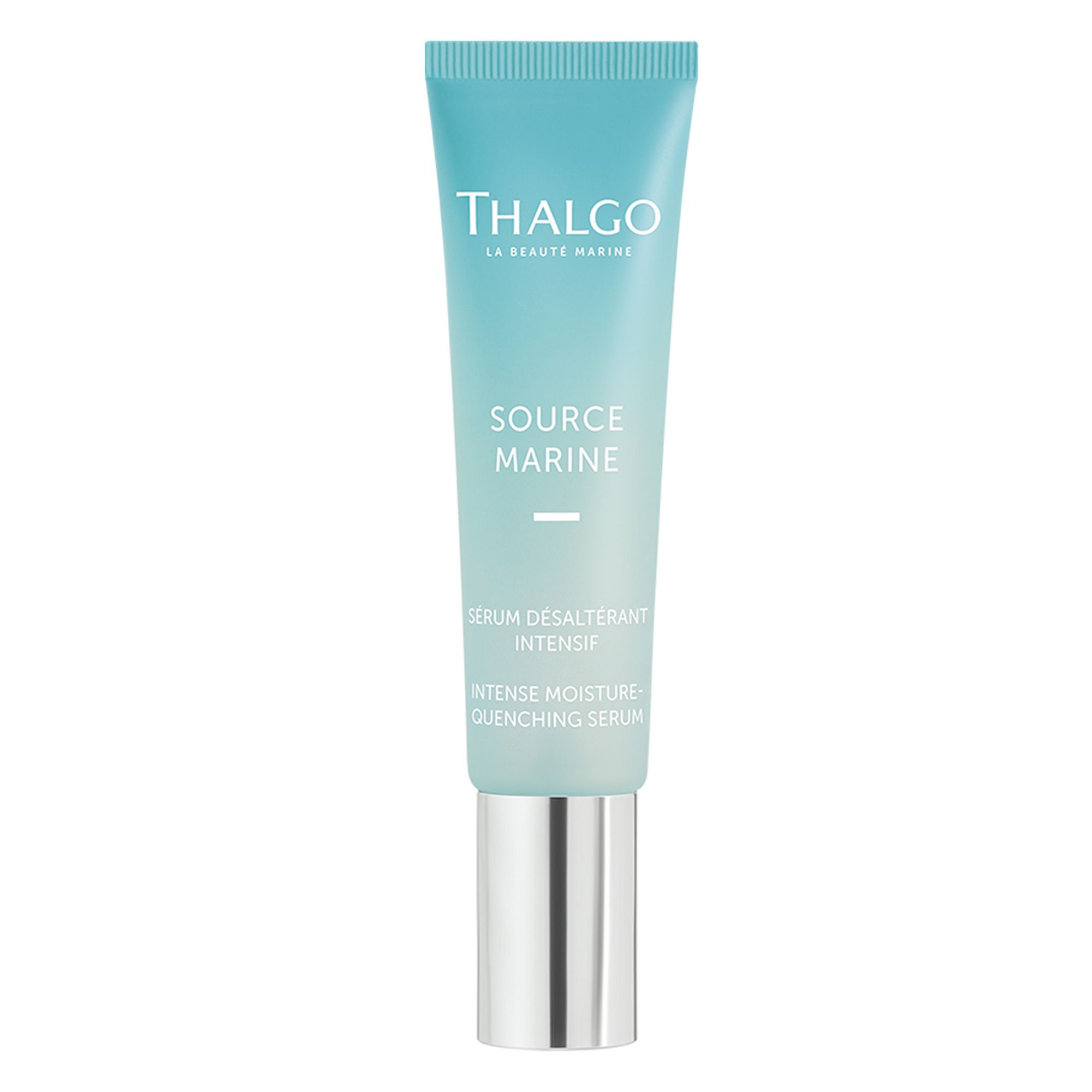 Türkis Tube mit silbernem Verschluss. Schriftzug THALGO, SOURCE MARINE und weitere Produktinformationen.