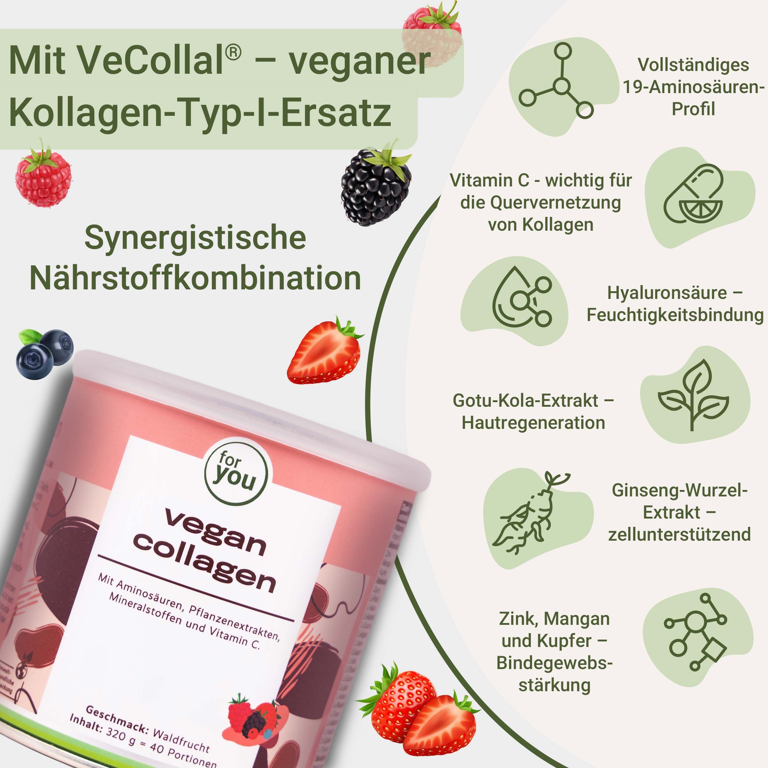 Dose 'Vegan Collagen' mit Früchten. Text: 'Mit VeCollal® - veganer Kollagen-Typ-I-Ersatz'. Infografiken zu Inhaltsstoffen und Vorteilen.