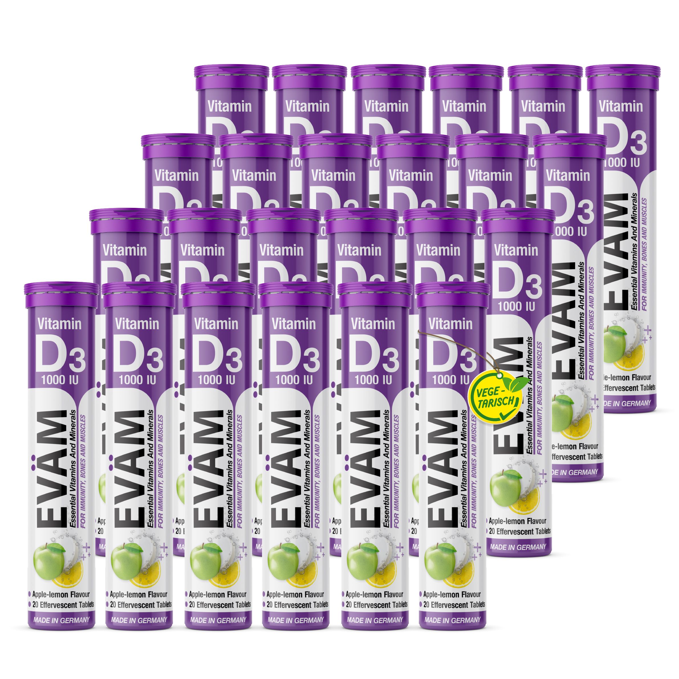 Mehrere Tuben Vitamin D3 Brausetabletten. Aufschrift: EVÄM, Vitamin D3 1000 IU. Mit Vegan-Siegel. Made in Germany.