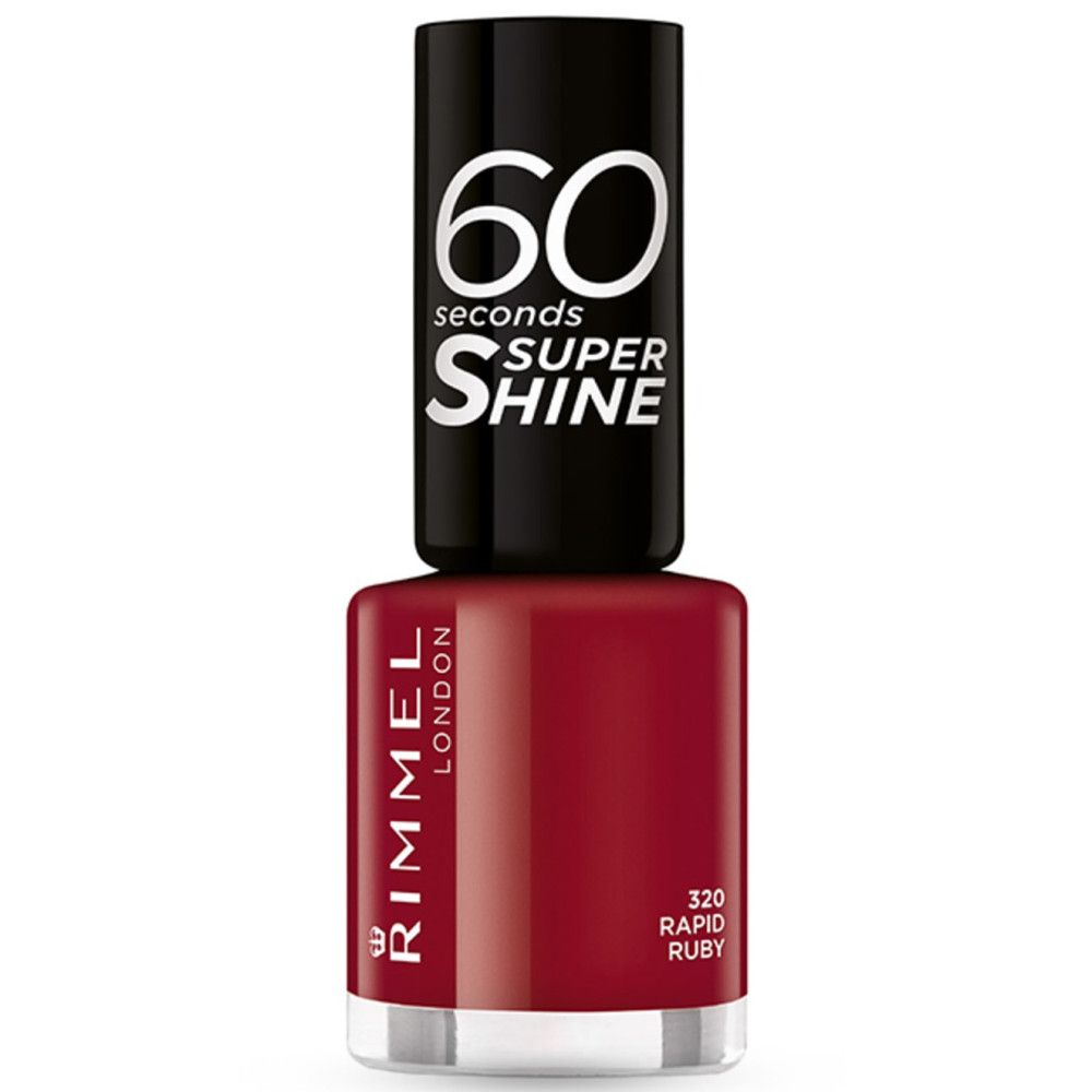 Roter Nagellackflakon mit schwarzem Deckel. Auf dem Deckel steht "60 seconds SUPER SHINE". Auf dem Flakon steht "RIMMEL LONDON".