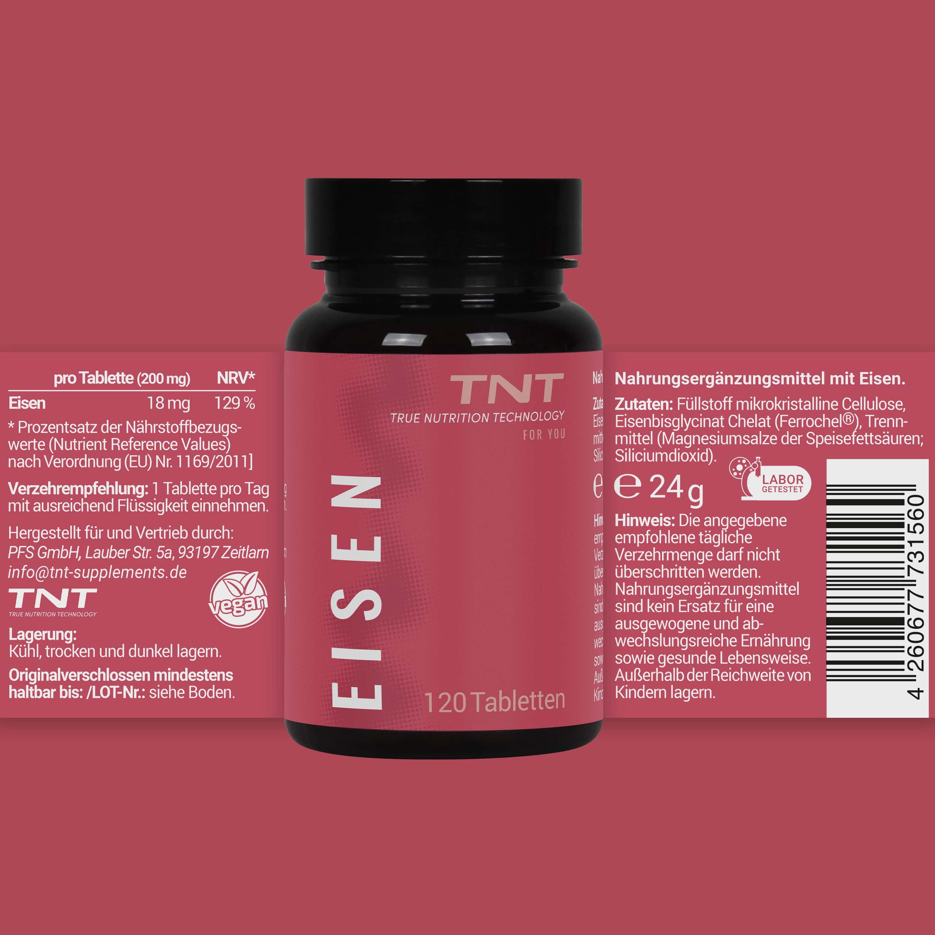 Rote Flasche mit schwarzem Deckel. Aufschrift "Eisen". Etikett mit Produktinformationen und Logo.