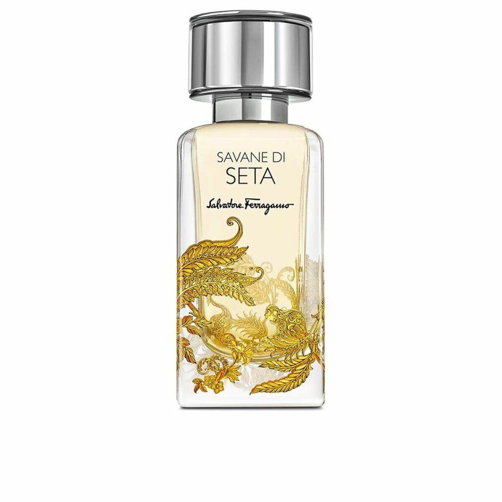 Parfümflakon mit silbernem Deckel. Aufschrift: Savane Di Seta, Salvatore Ferragamo. Goldene Verzierungen.