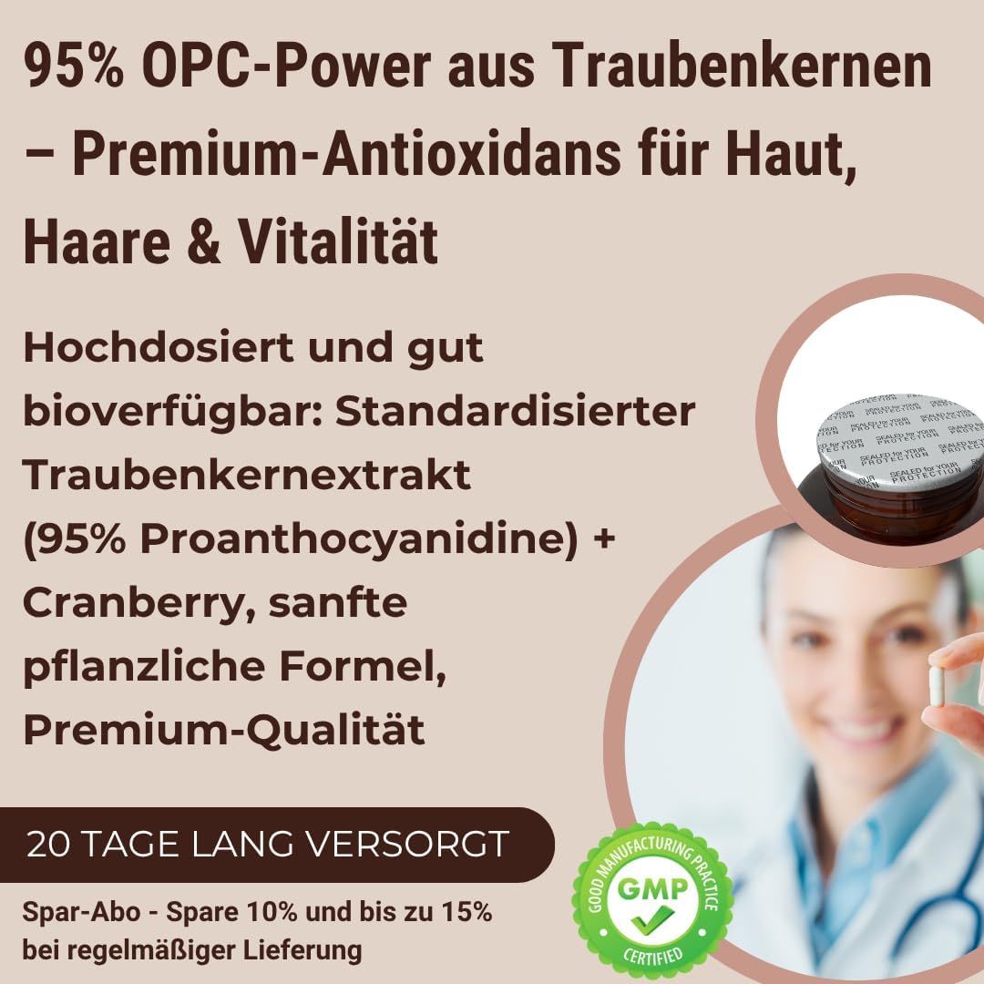 Text mit Produktinformationen und einer Frau. GMP-Zertifizierung. Kapsel-Packung im Hintergrund.