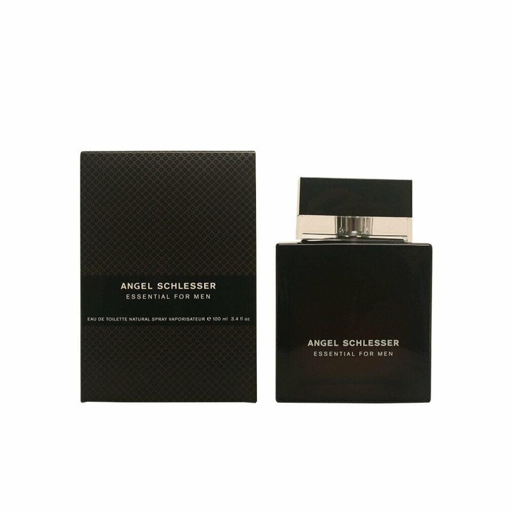Schwarzer Flakon und Schachtel. Aufschrift: Angel Schlesser Essential For Men. Eau de Toilette Spray.