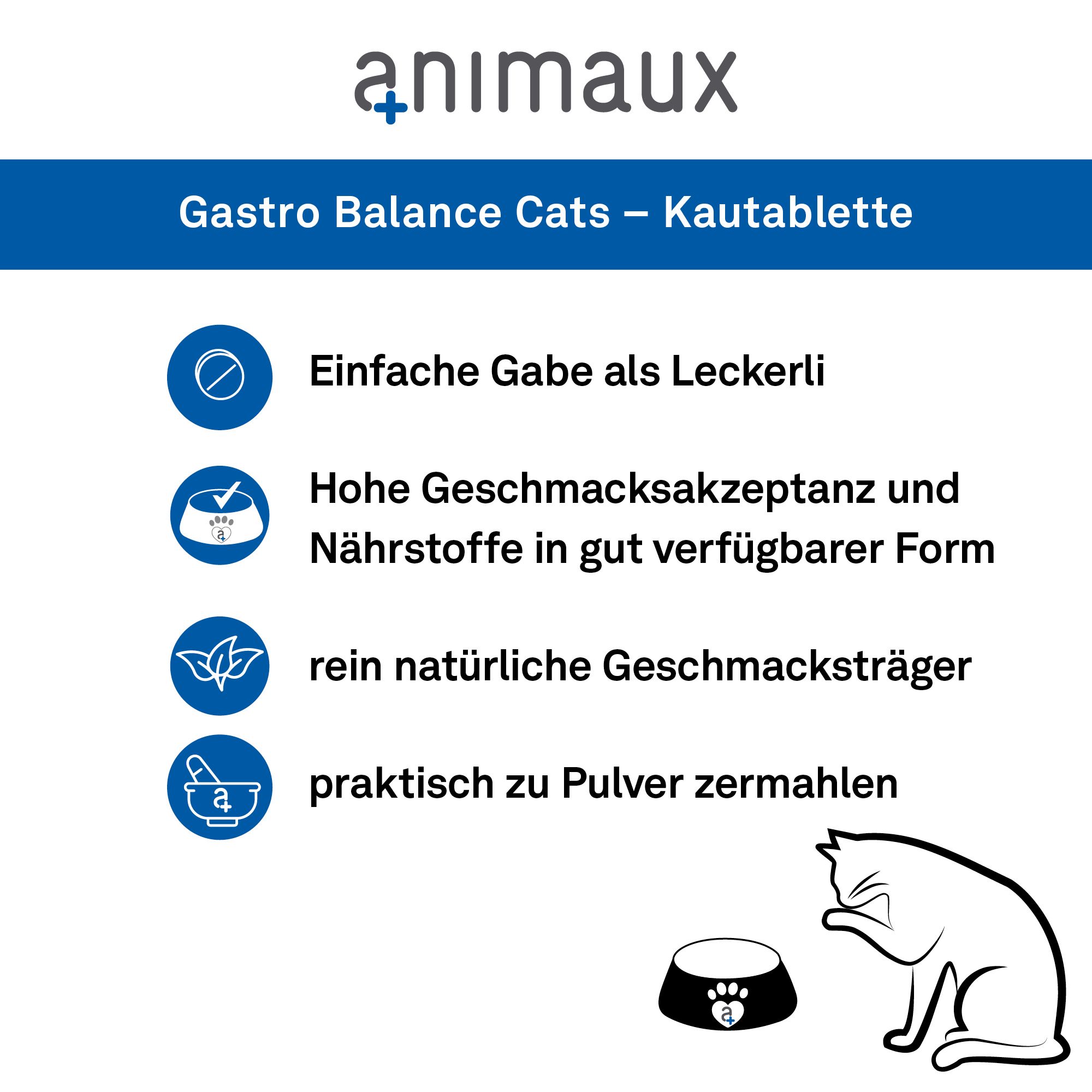 Flasche GASTRO BALANCE CATS mit Icons für einfache Gabe, hohe Akzeptanz, natürliche Inhaltsstoffe und Pulverform.