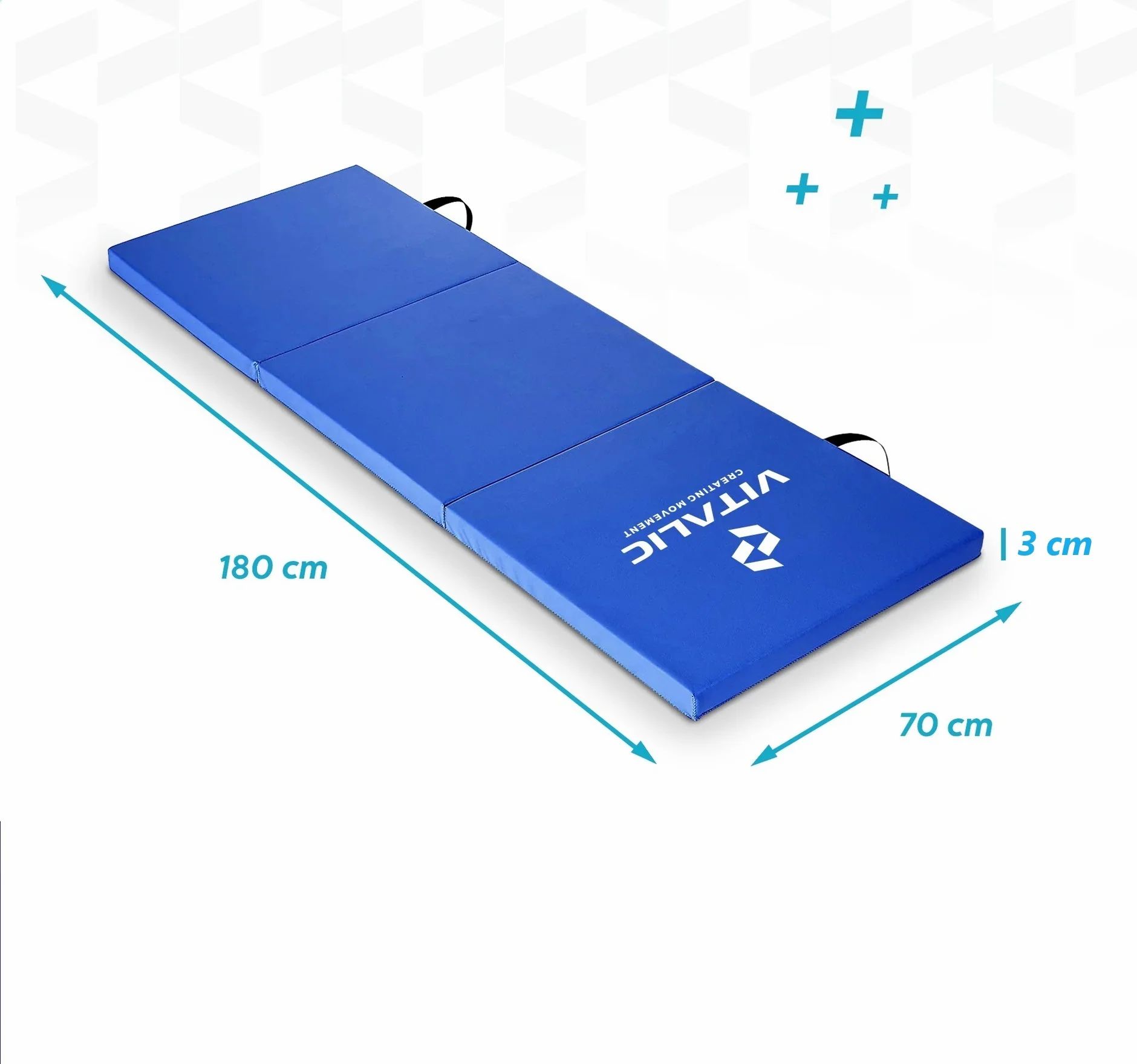Blaues, rechteckiges Gymnastikmatte mit Logo. Maße: 180 cm x 70 cm x 3 cm. Mit Tragegriffen.