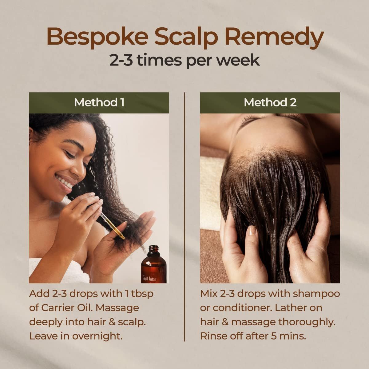 Zwei Anwendungsbeispiele für Gya Labs Thymianöl. Eine Frau trägt es auf das Haar auf, die andere massiert es in die Kopfhaut ein. Text: Bespoke Scalp Remedy.