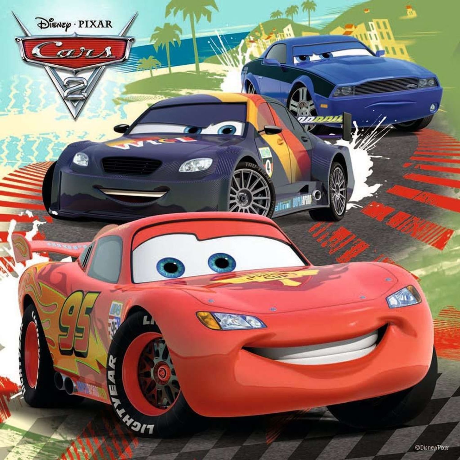 Cars-Puzzle mit Lightning McQueen und anderen Rennwagen. Hintergrund mit Rennstrecke. Disney Pixar Logo.
