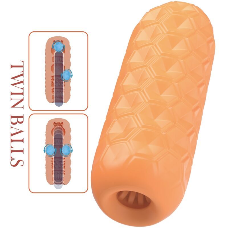 Orangener Masturbator mit texturierter Oberfläche. Text Twin Balls. Zwei Illustrationen zeigen die interne Struktur.