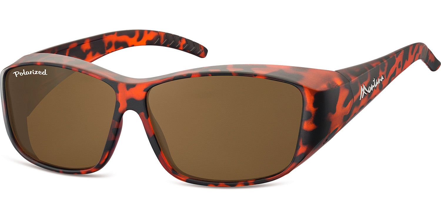 Sonnen-Überbrille mit braunen Gläsern und braun-schwarzem Rahmen. "Polarized" und "Montana" Schriftzug.