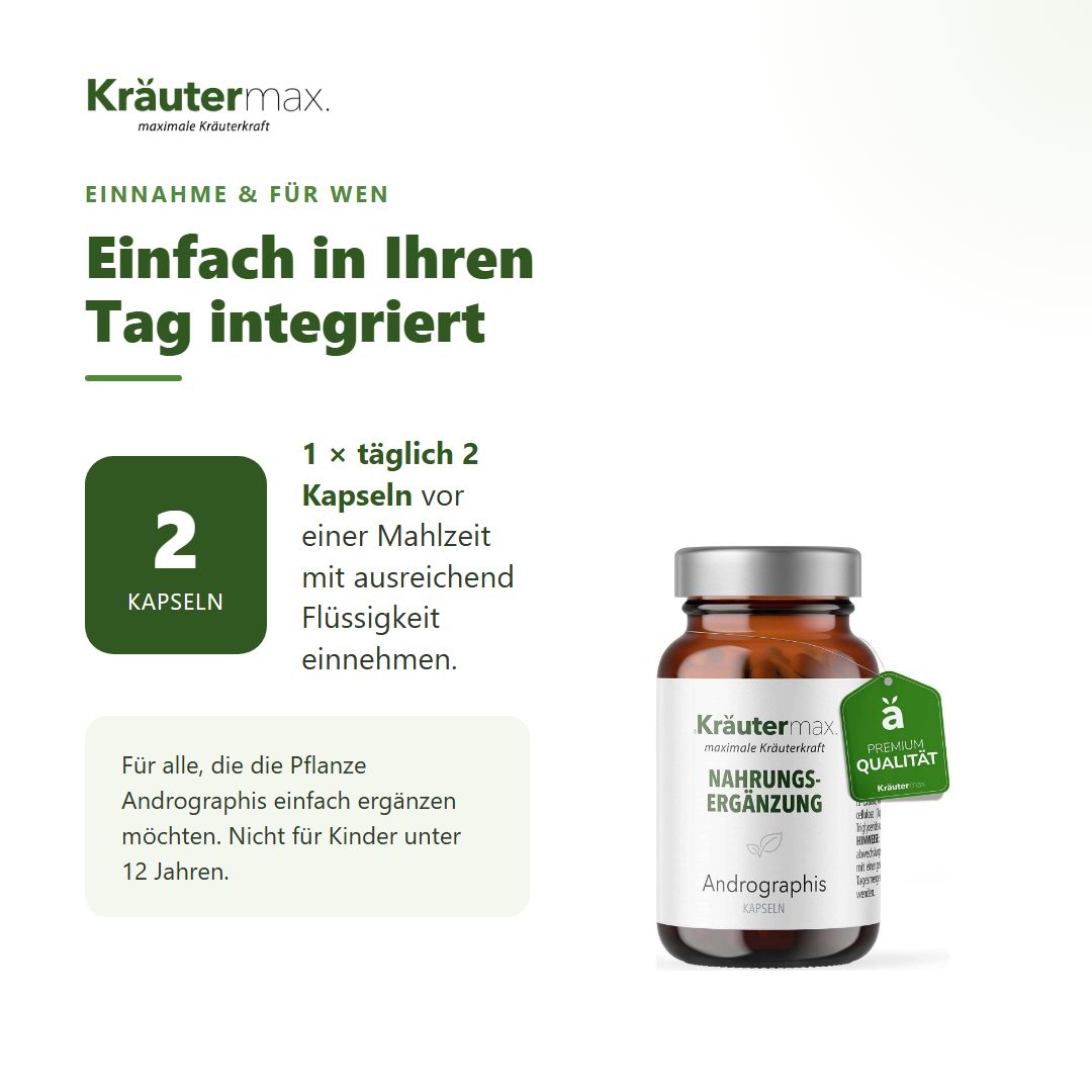 Einnahmeempfehlung: 2 Kapseln täglich vor dem Essen. Für Erwachsene, nicht für Kinder unter 12.