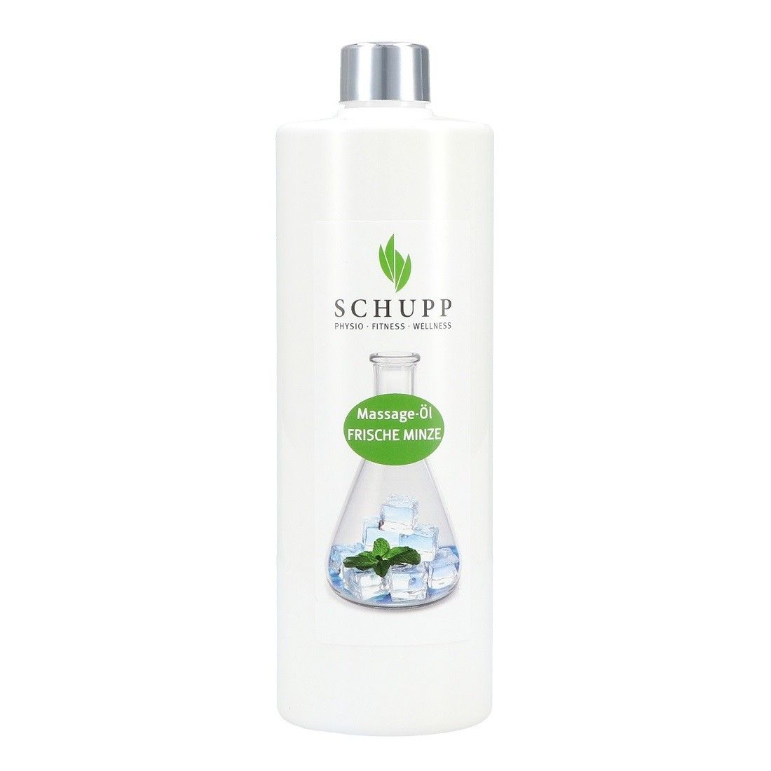 Weißes Massageöl-Flakon mit Logo und Aufschrift 'Massage-Öl Frische Minze'.