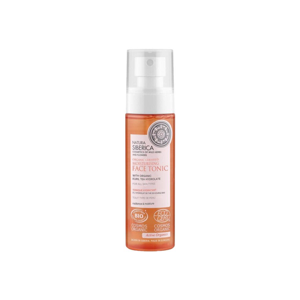 Flacone trasparente con erogatore spray. Etichetta con testo e logo. Certificazione bio.