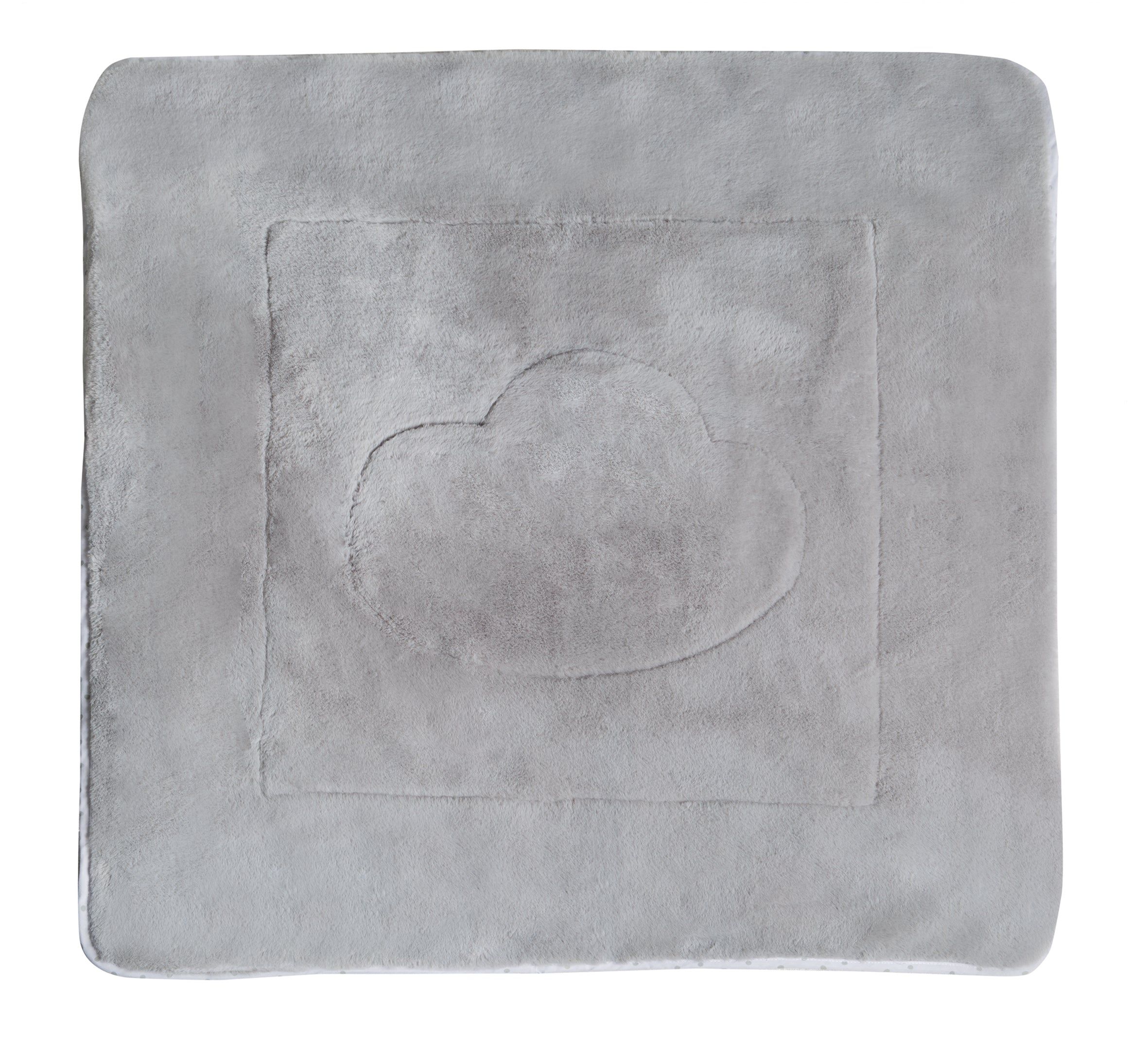 Quadratische Kuscheldecke, grau, mit Wolkenmotiv. Quadratische Form mit abgerundeten Ecken.