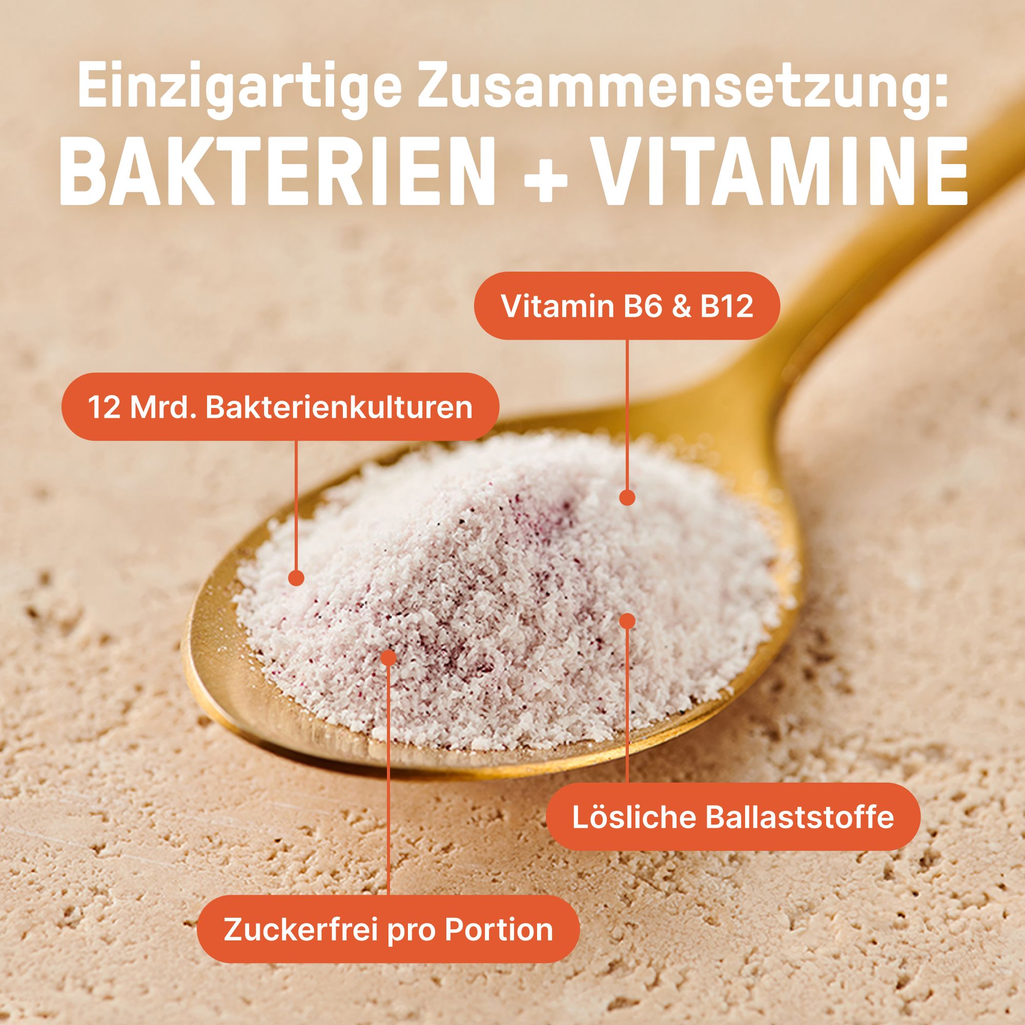 Goldener Löffel mit Pulver. Beschriftung: 12 Mrd. Bakterienkulturen, Lösliche Ballaststoffe, Zuckerfrei pro Portion, Vitamin B6 & B12.